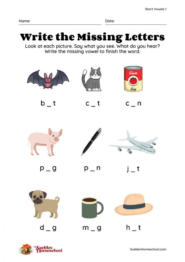 A low-res preview of Write the Missing Letters (Phonics Worksheets)