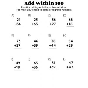 Preview of a free basic worksheet for practicing addition within 100