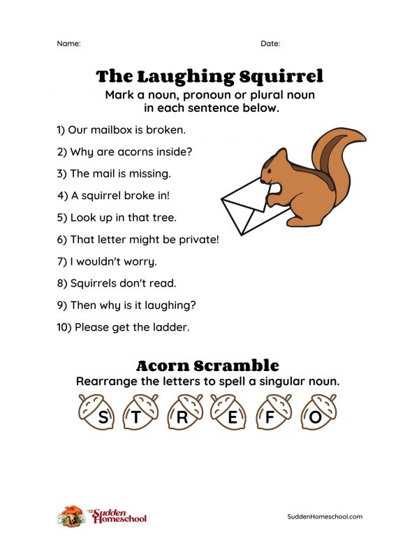 Preview of a nouns worksheet entitled "The Laughing Squirrel"